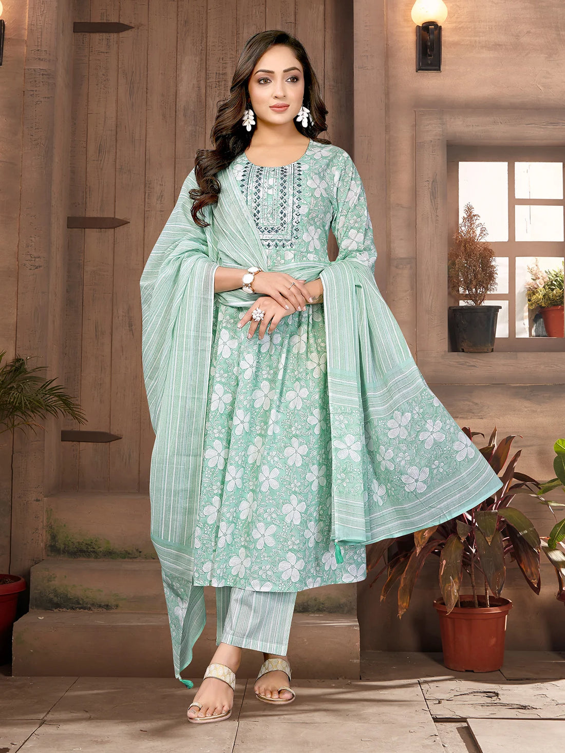 Buy Cotton Embroidered Nayra Style Calf Length Kurta with Pant and Dupatta-Light Green