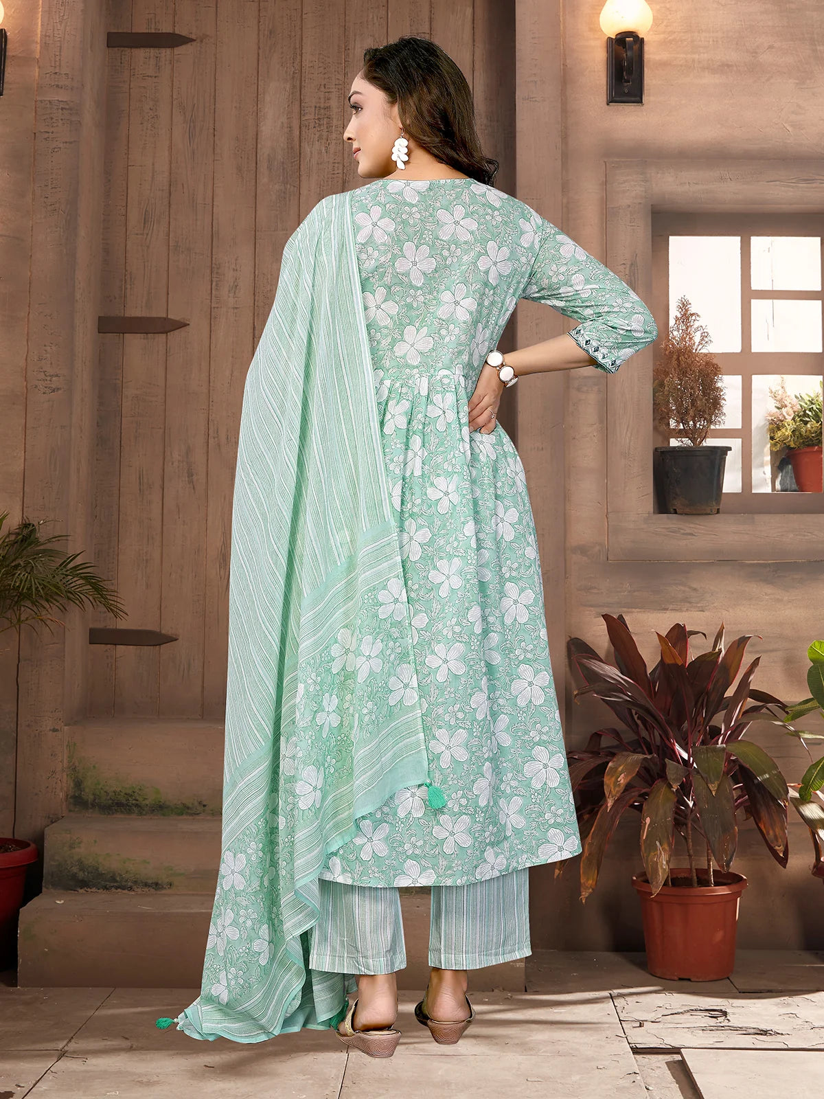 Buy Cotton Embroidered Nayra Style Calf Length Kurta with Pant and Dupatta-Light Green
