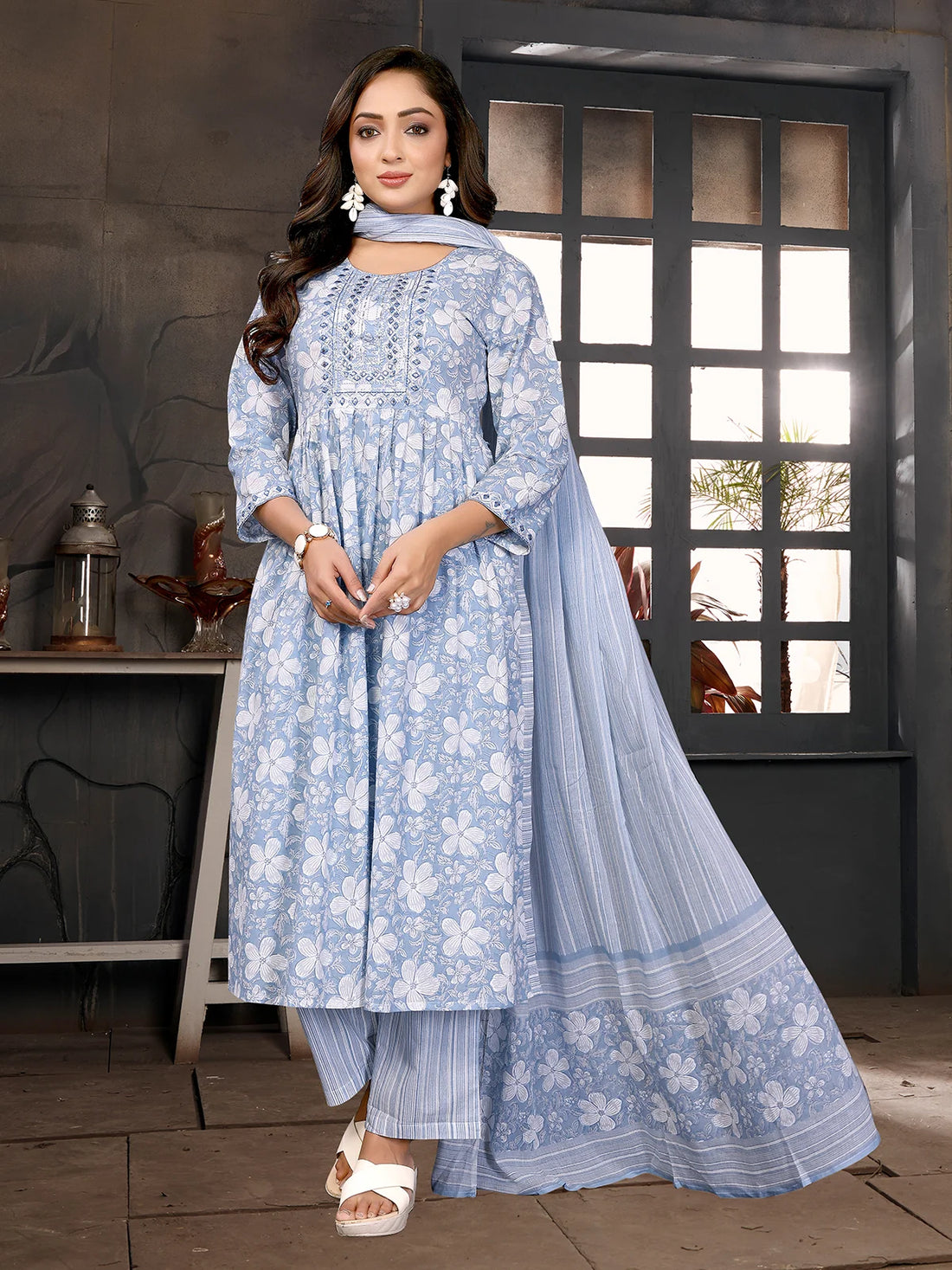 Buy Cotton Embroidered Nayra Style Calf Length Kurta with Pant and Dupatta-Light Blue