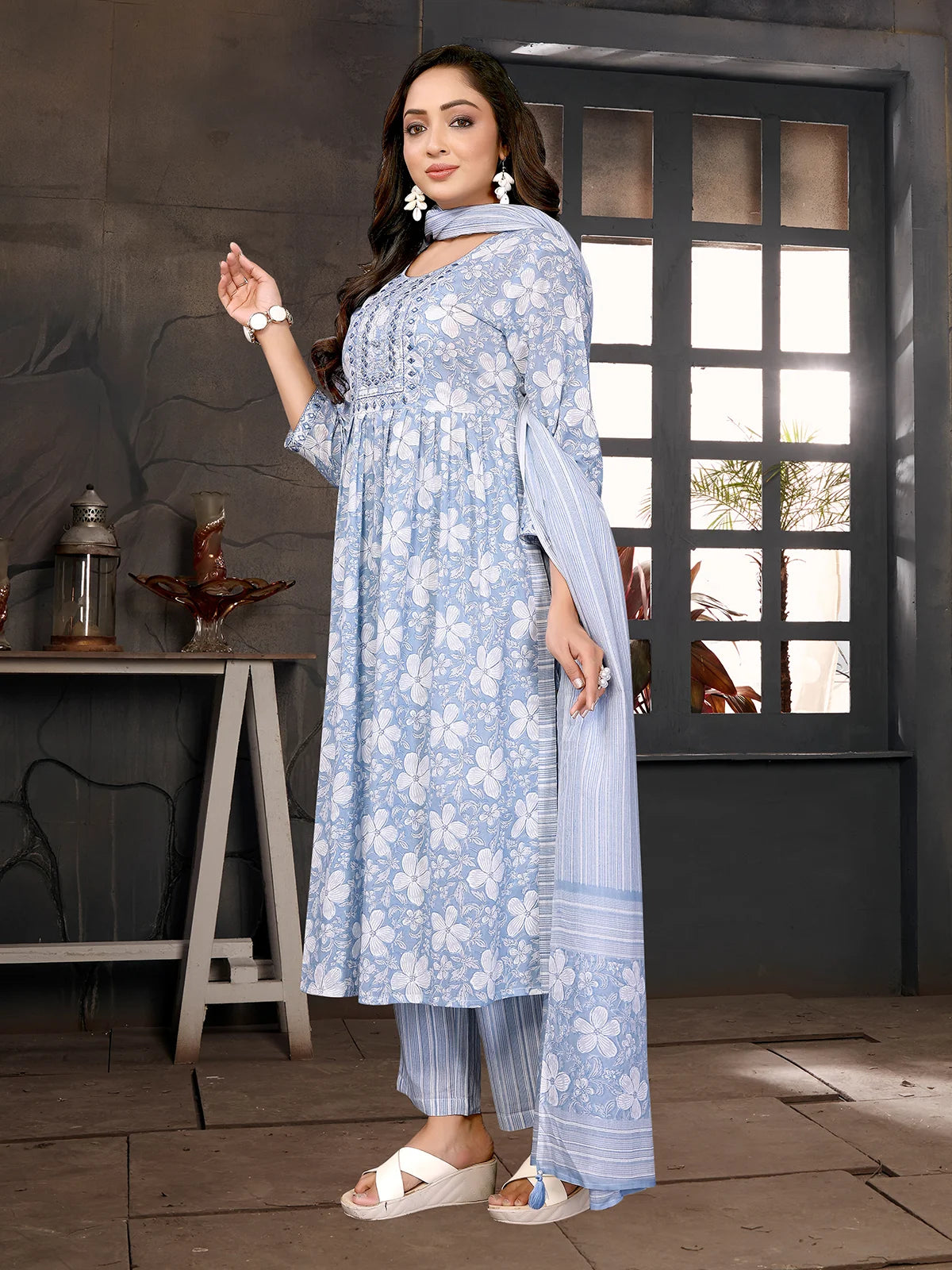 Buy Cotton Embroidered Nayra Style Calf Length Kurta with Pant and Dupatta-Light Blue