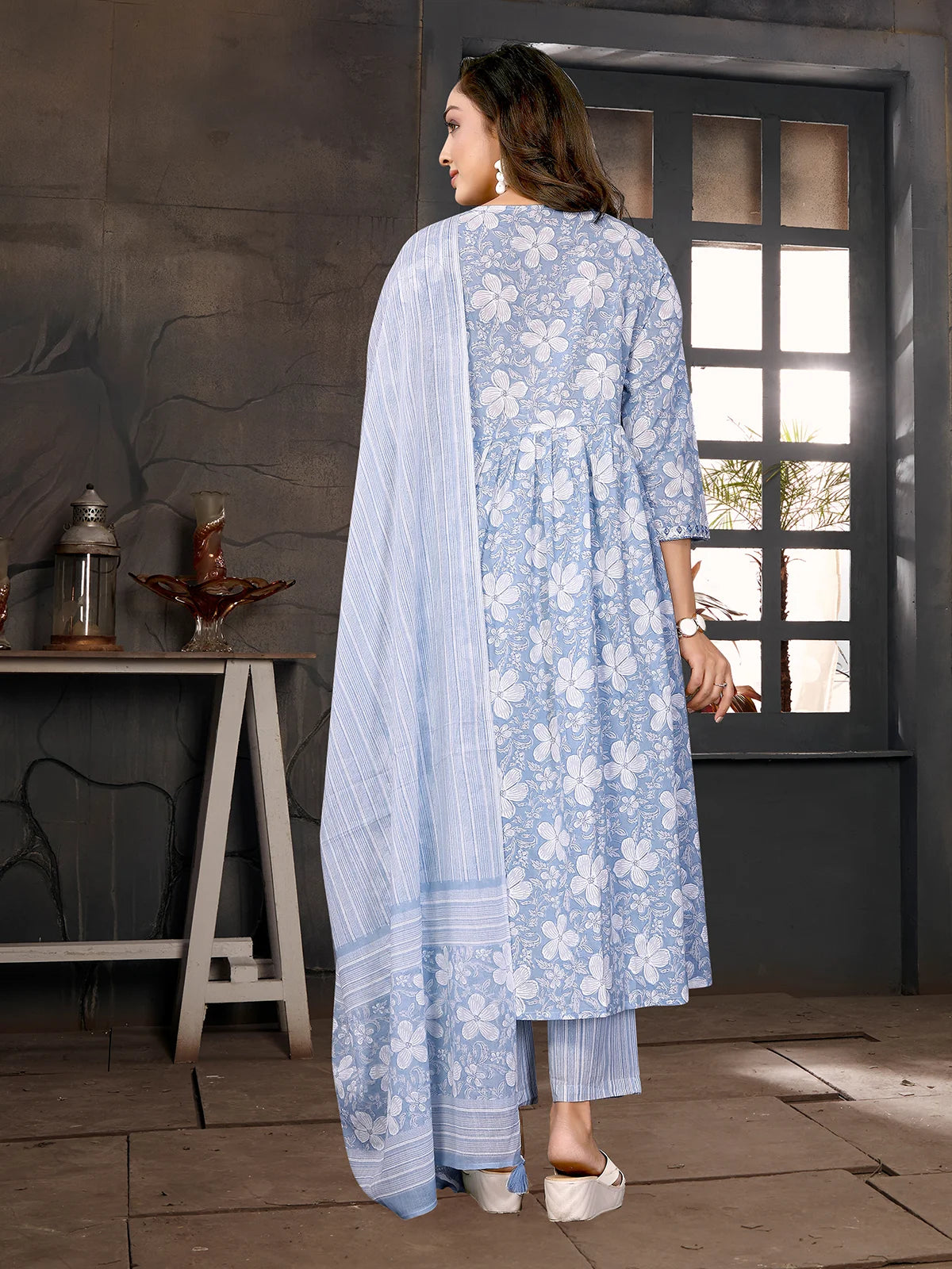 Buy Cotton Embroidered Nayra Style Calf Length Kurta with Pant and Dupatta-Light Blue