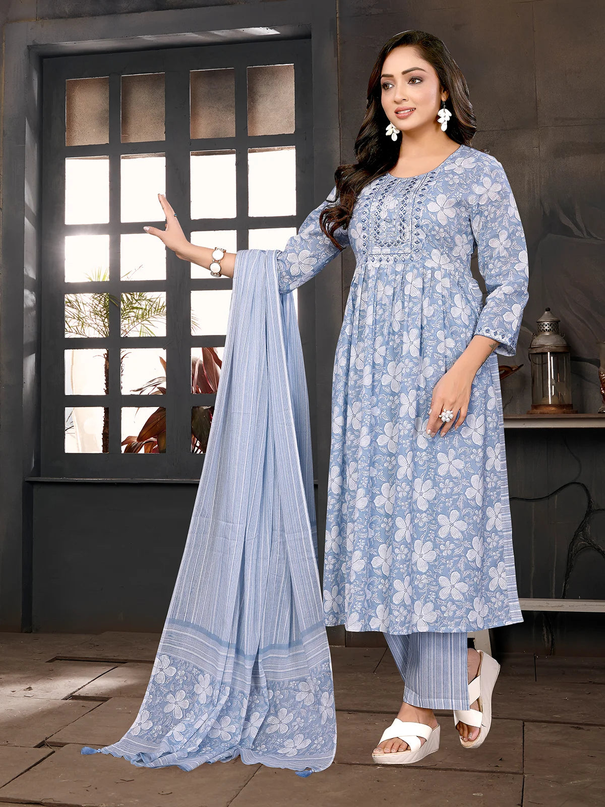 Buy Cotton Embroidered Nayra Style Calf Length Kurta with Pant and Dupatta-Light Blue