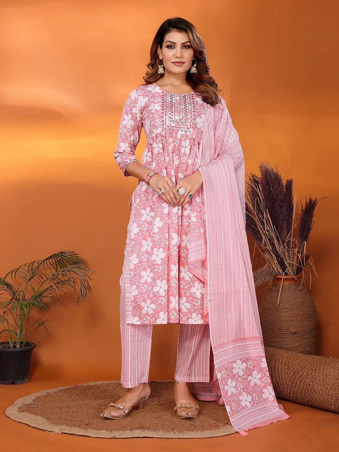 Buy Cotton Embroidered Nayra Style Calf Length Kurta with Pant and Dupatta-Peach