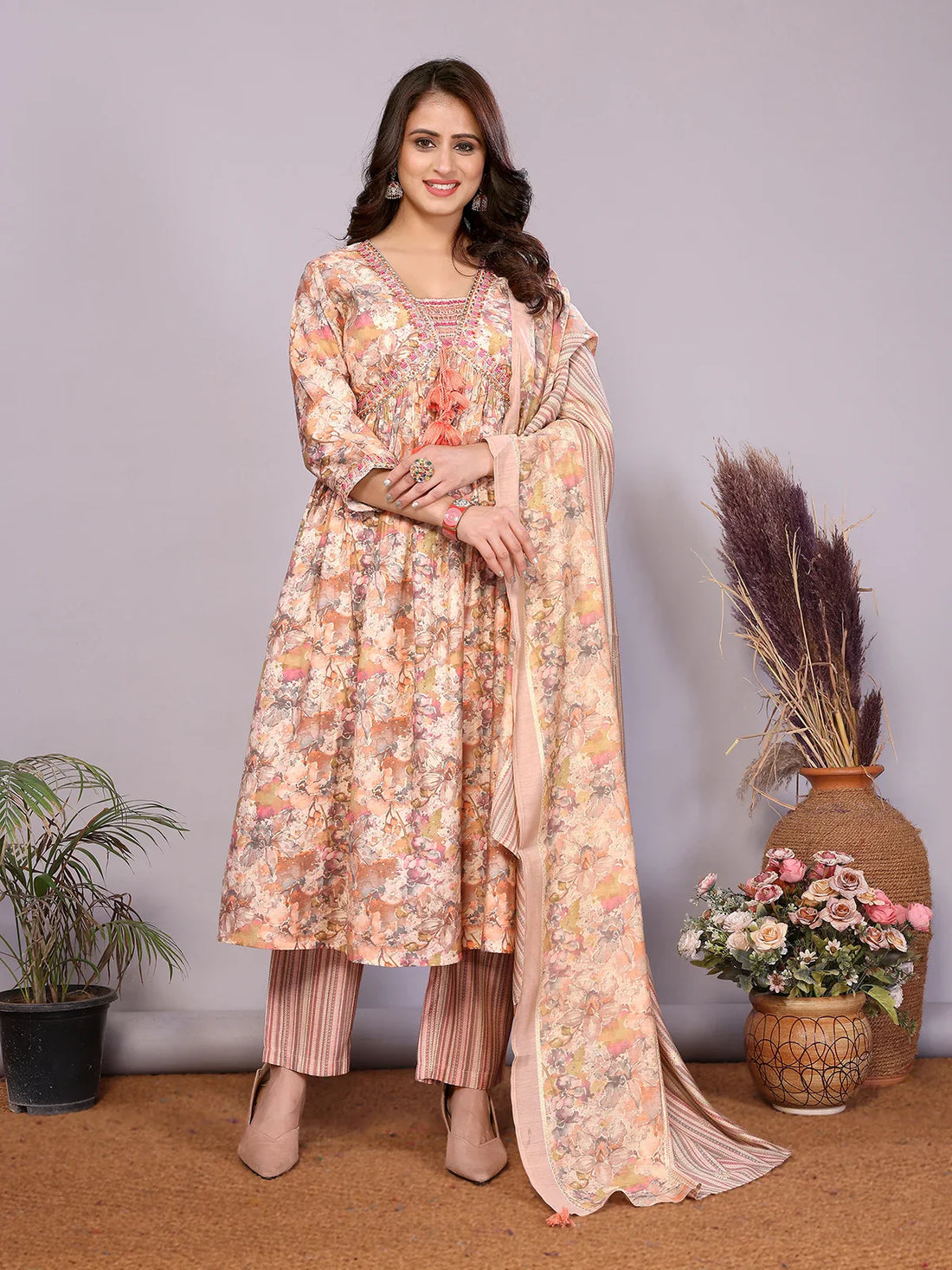 Buy Chanderi Embroidered Nayra Style Calf Length Kurta with Pant and Dupatta-Peach