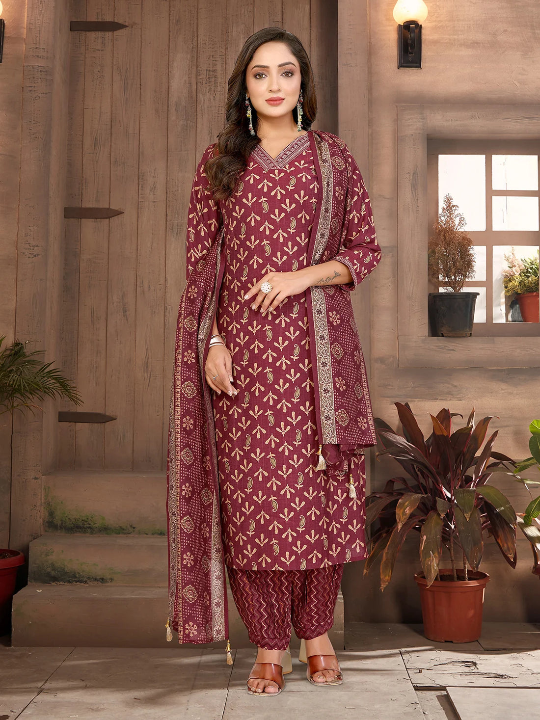 Buy Chanderi Embroidered Straight Calf Length Kurta with Pant and Dupatta-Maroon