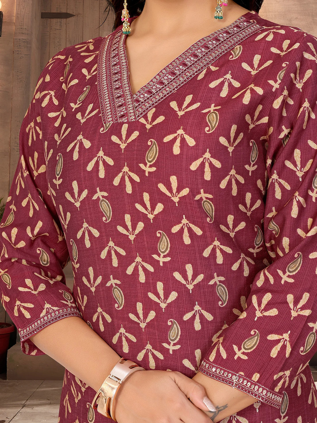 Buy Chanderi Embroidered Straight Calf Length Kurta with Pant and Dupatta-Maroon