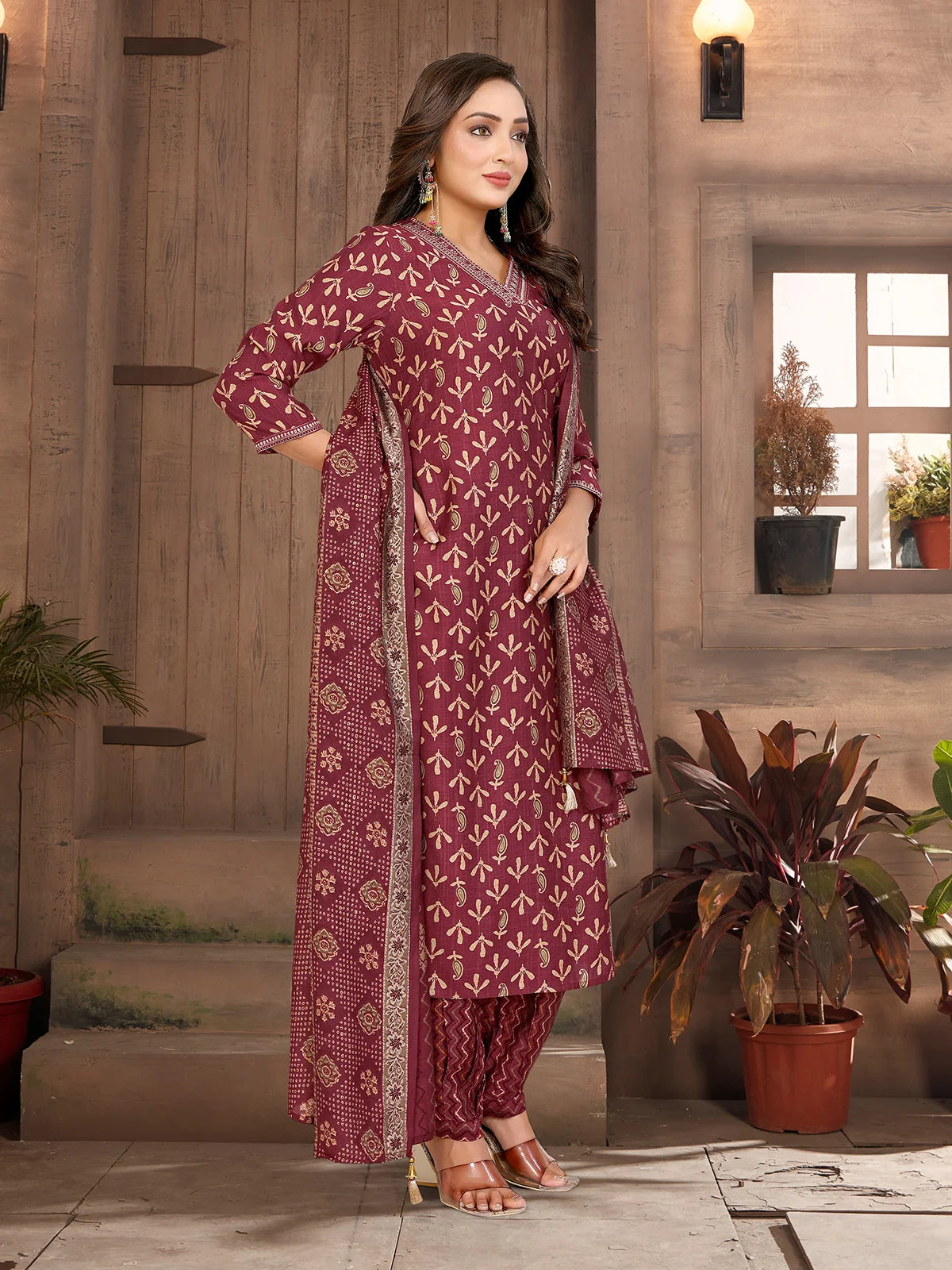 Buy Chanderi Embroidered Straight Calf Length Kurta with Pant and Dupatta-Maroon