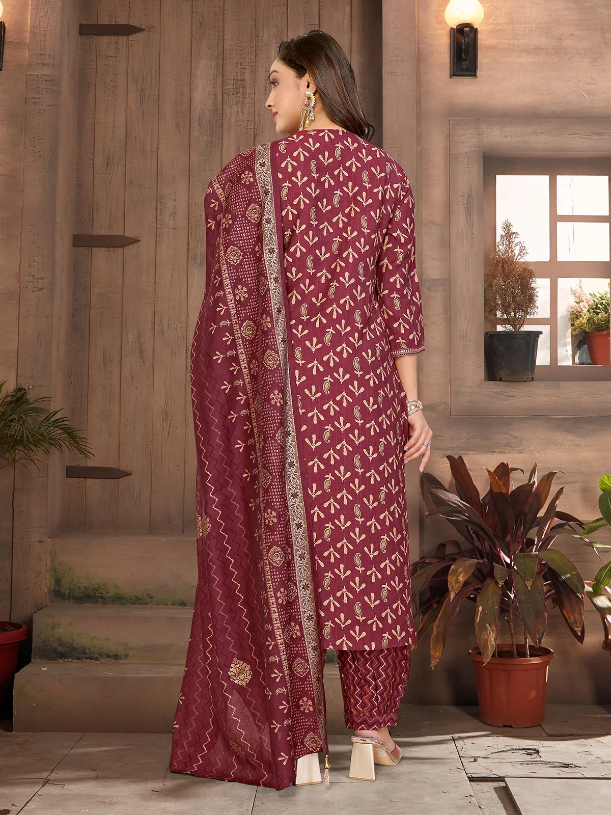 Buy Chanderi Embroidered Straight Calf Length Kurta with Pant and Dupatta-Maroon