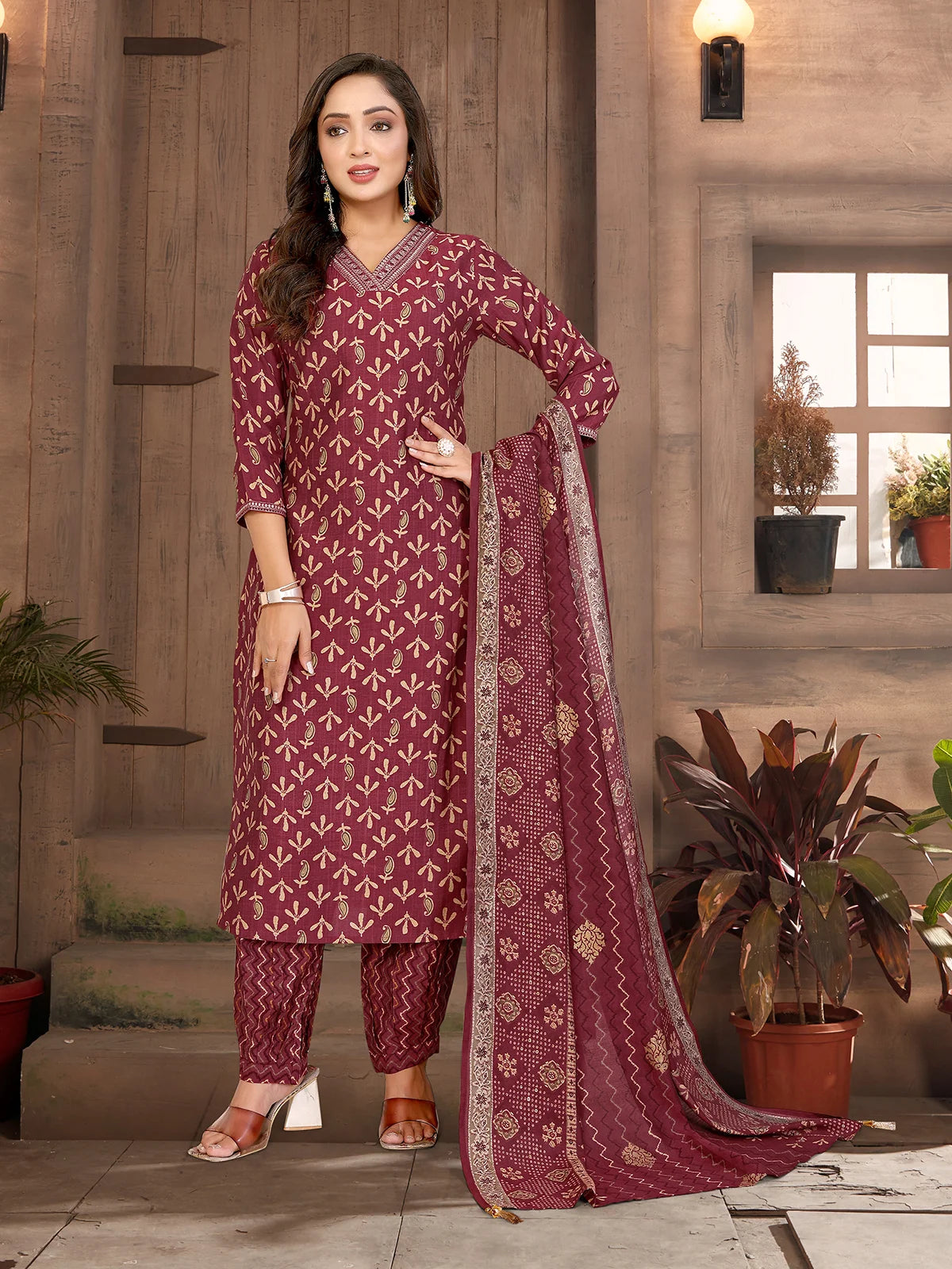 Buy Chanderi Embroidered Straight Calf Length Kurta with Pant and Dupatta-Maroon