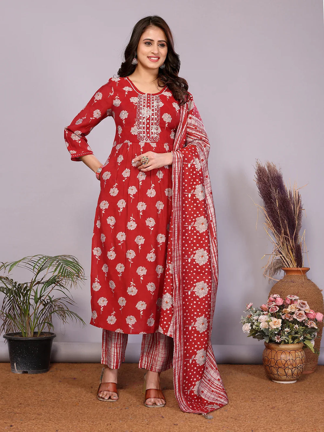 Buy Chanderi Embroidered Nayra Style Calf Length Kurta with Pant and Dupatta-Red