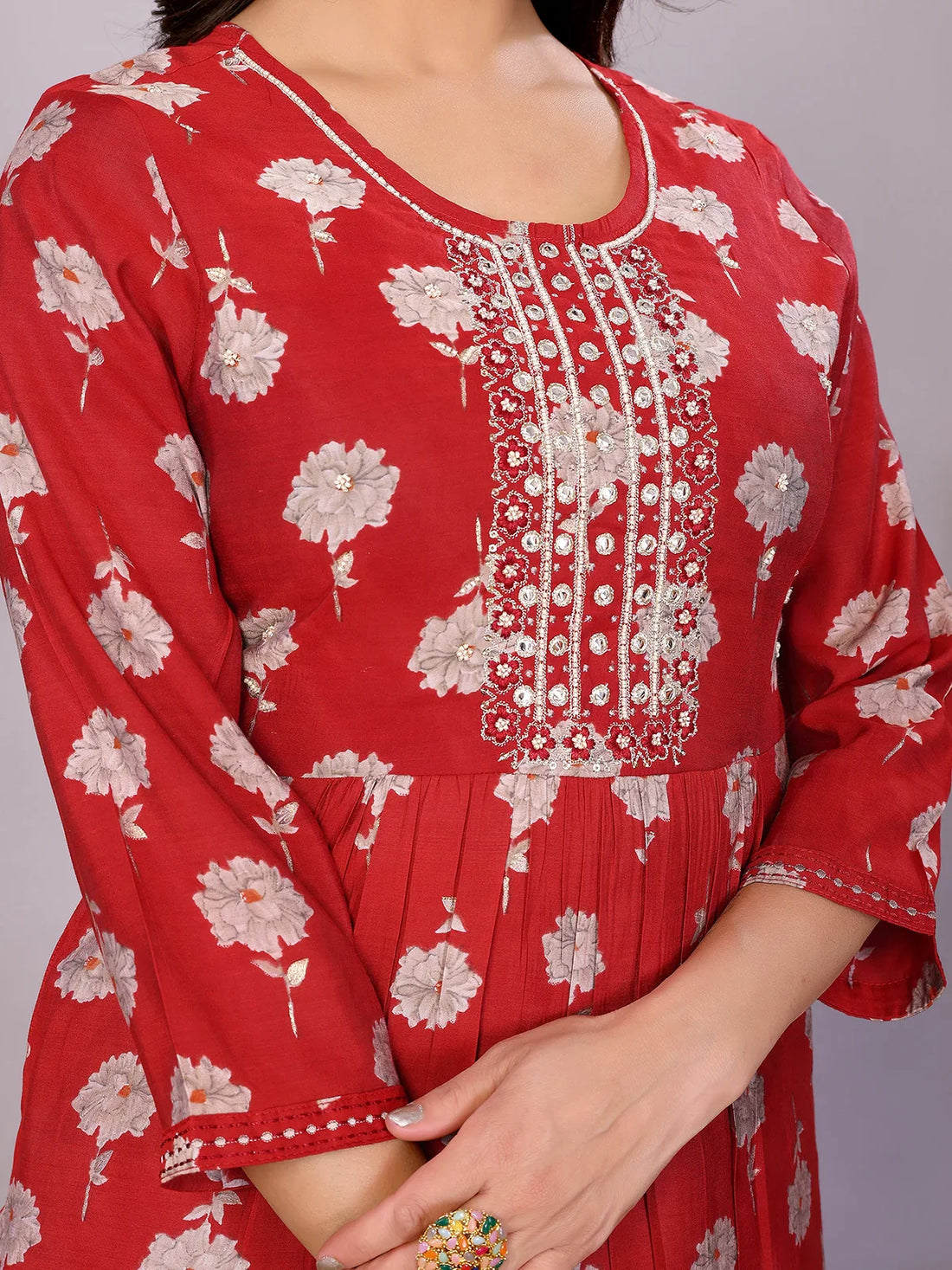 Buy Chanderi Embroidered Nayra Style Calf Length Kurta with Pant and Dupatta-Red