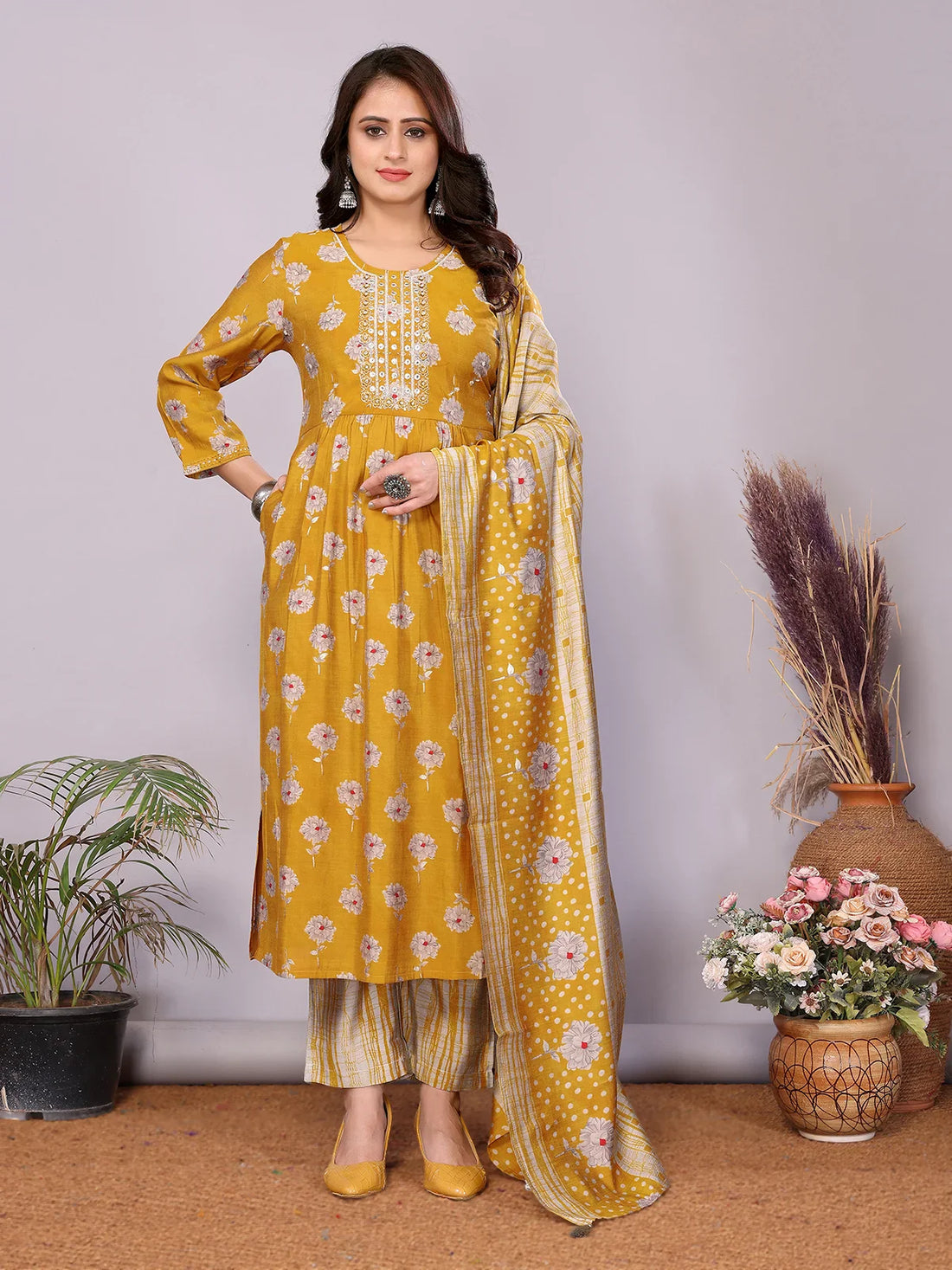 Buy Chanderi Embroidered Nayra Style Calf Length Kurta with Pant and Dupatta-Mustard