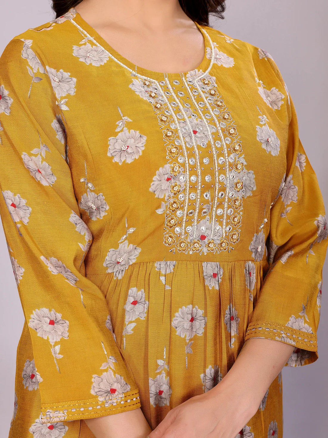 Buy Chanderi Embroidered Nayra Style Calf Length Kurta with Pant and Dupatta-Mustard