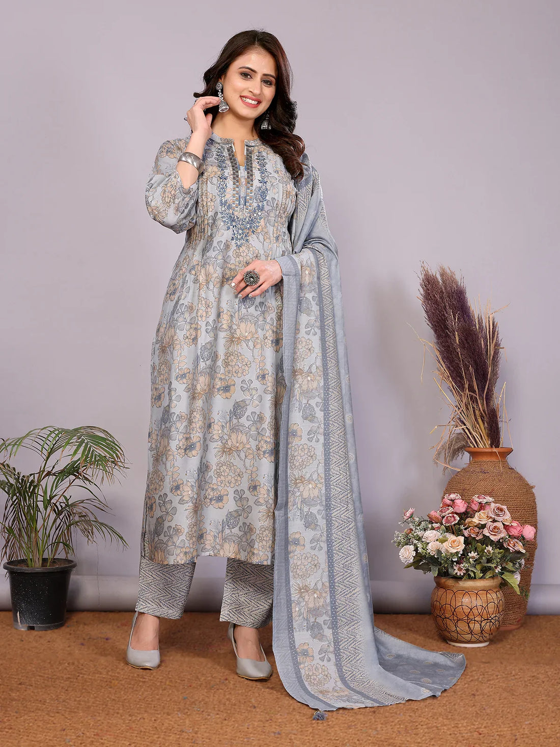 Buy Chanderi Embroidered Straight Calf Length Kurta with Pant and Dupatta-Light Blue