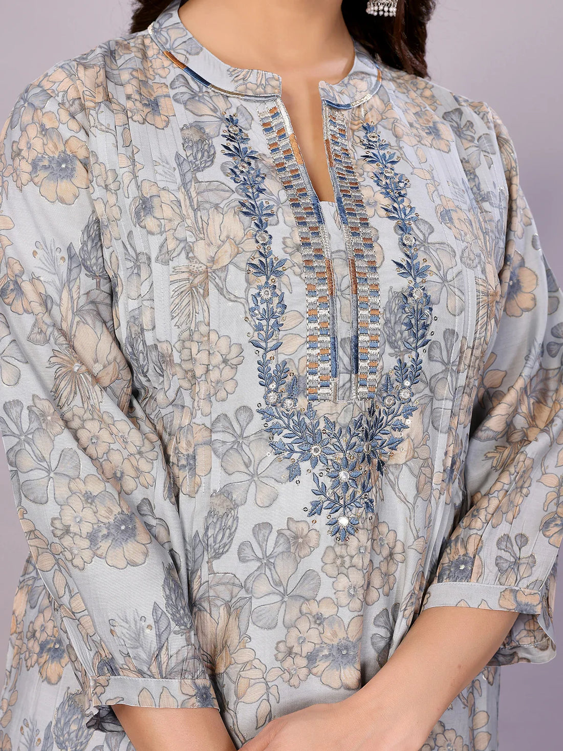 Buy Chanderi Embroidered Straight Calf Length Kurta with Pant and Dupatta-Light Blue