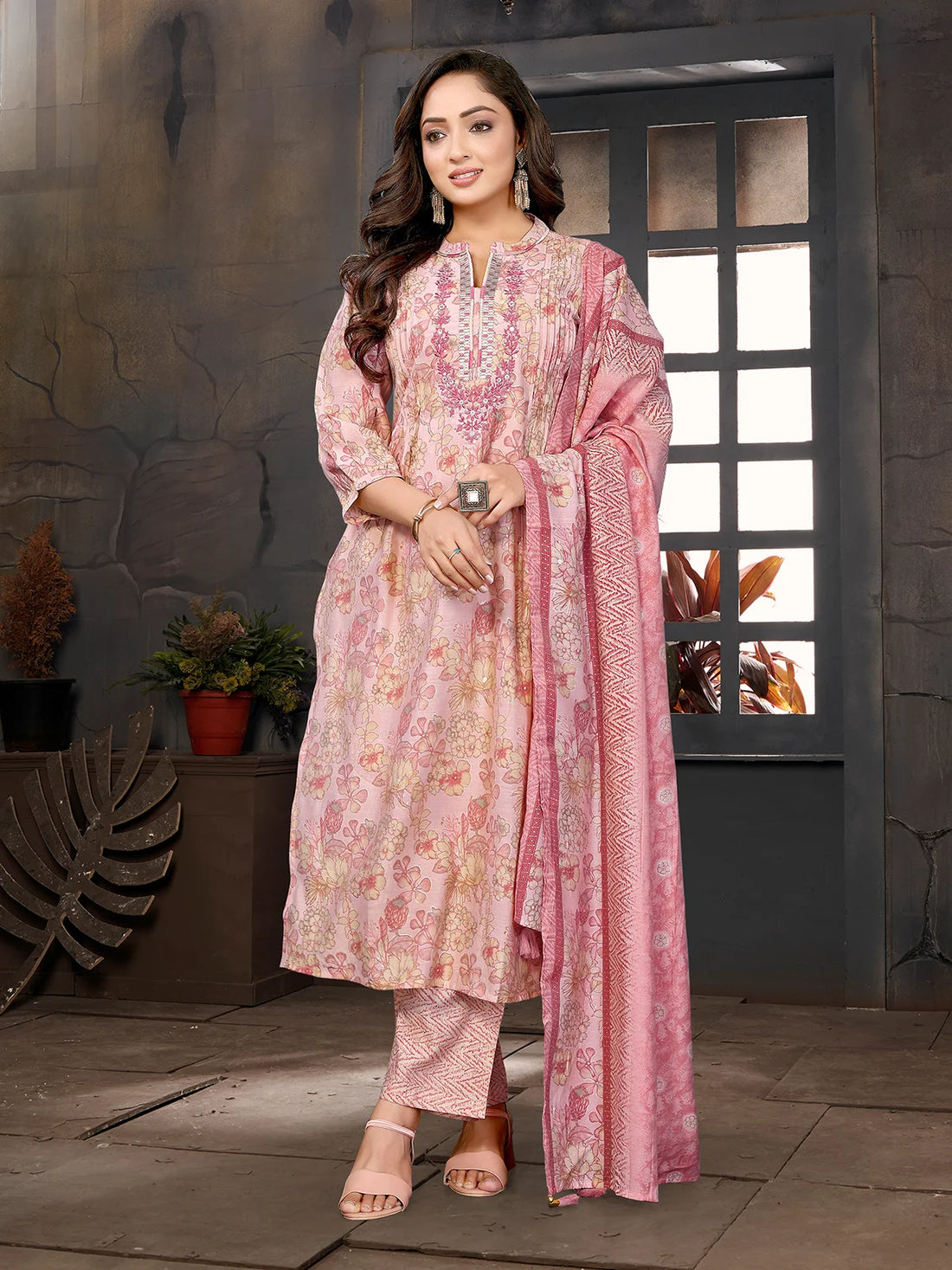 Buy Chanderi Embroidered Straight Calf Length Kurta with Pant and Dupatta-Peach