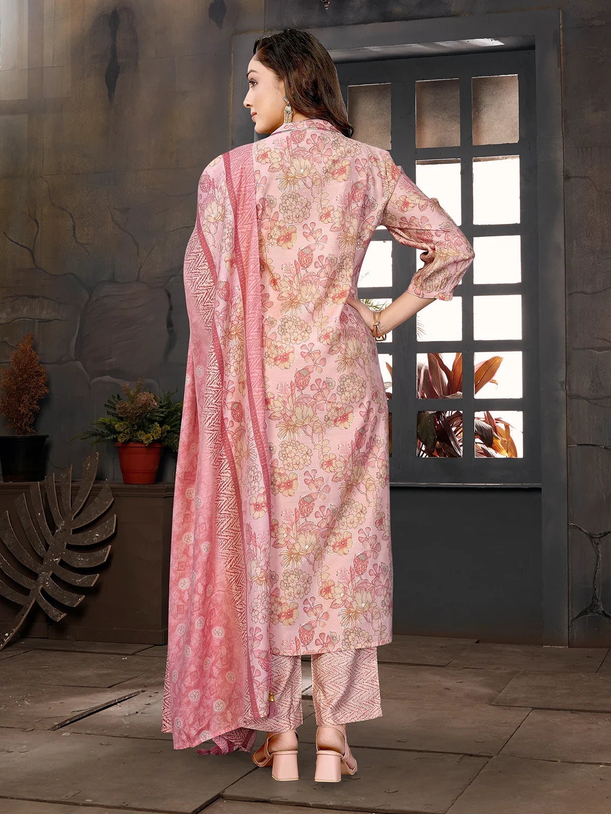 Buy Chanderi Embroidered Straight Calf Length Kurta with Pant and Dupatta-Peach