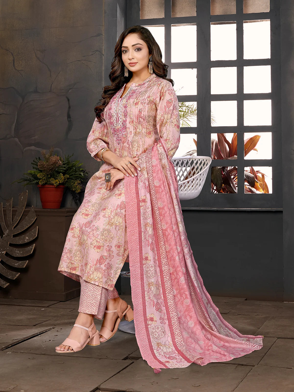 Buy Chanderi Embroidered Straight Calf Length Kurta with Pant and Dupatta-Peach
