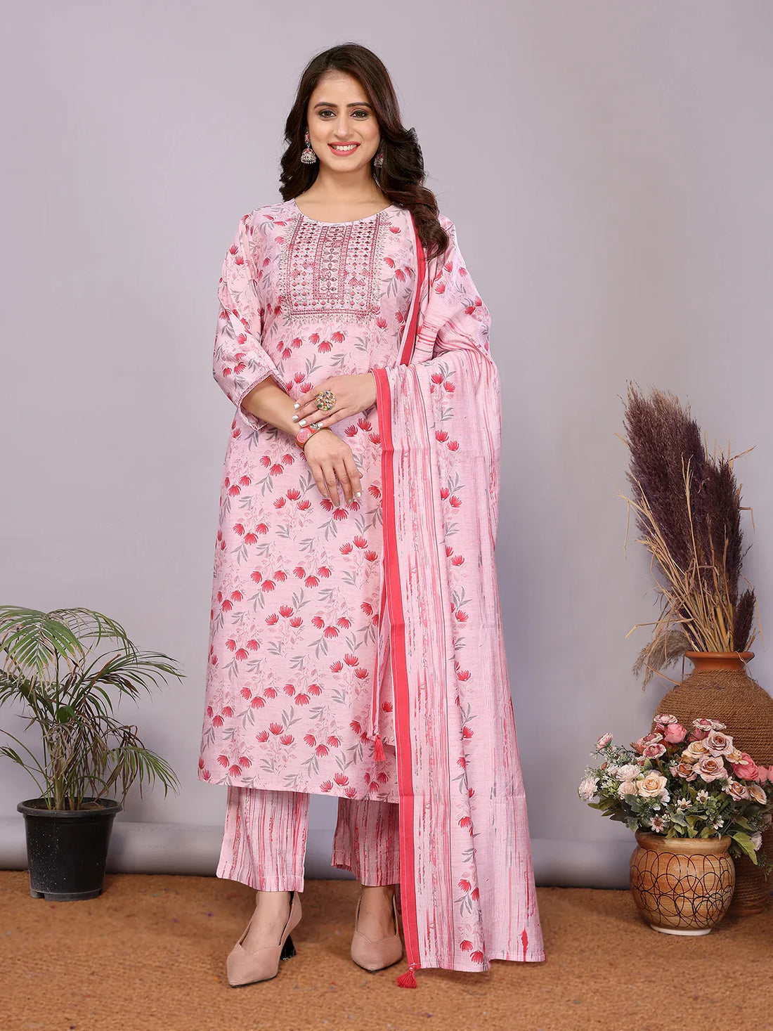 Buy Chanderi Embroidered Straight Calf Length Kurta with Pant and Dupatta-Pink