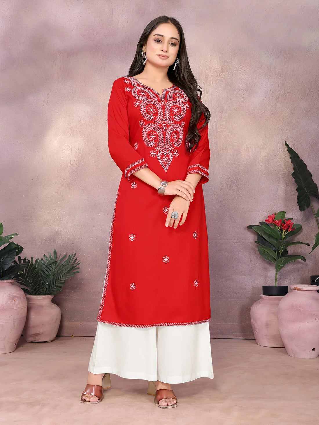 Buy Rayon Embroide Straight Calf Length Kurta-Red