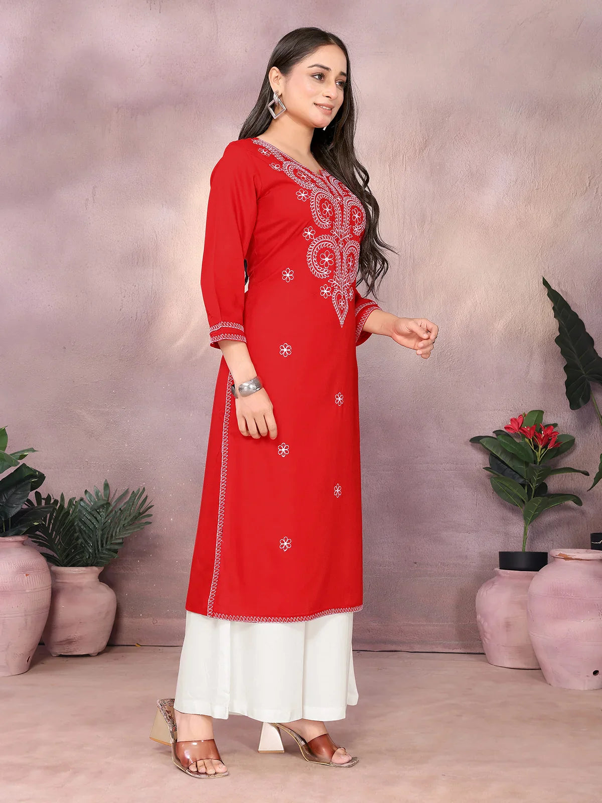 Buy Rayon Embroide Straight Calf Length Kurta-Red