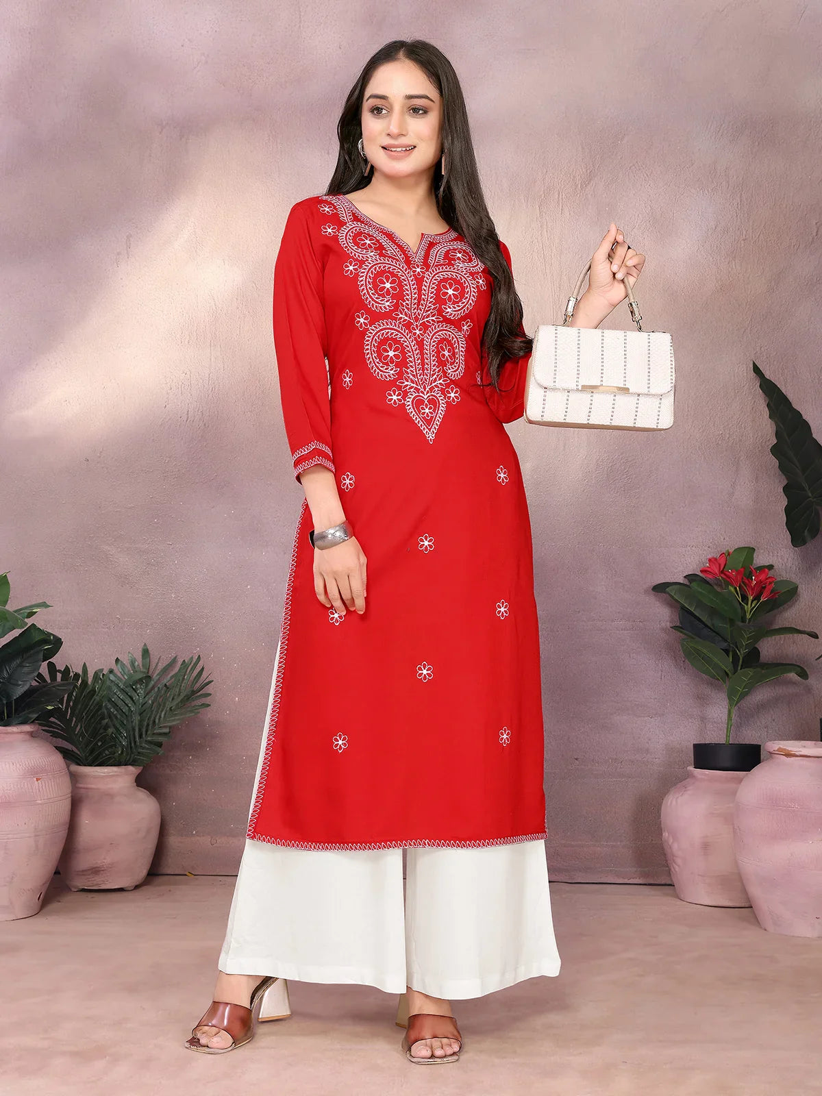 Buy Rayon Embroide Straight Calf Length Kurta-Red