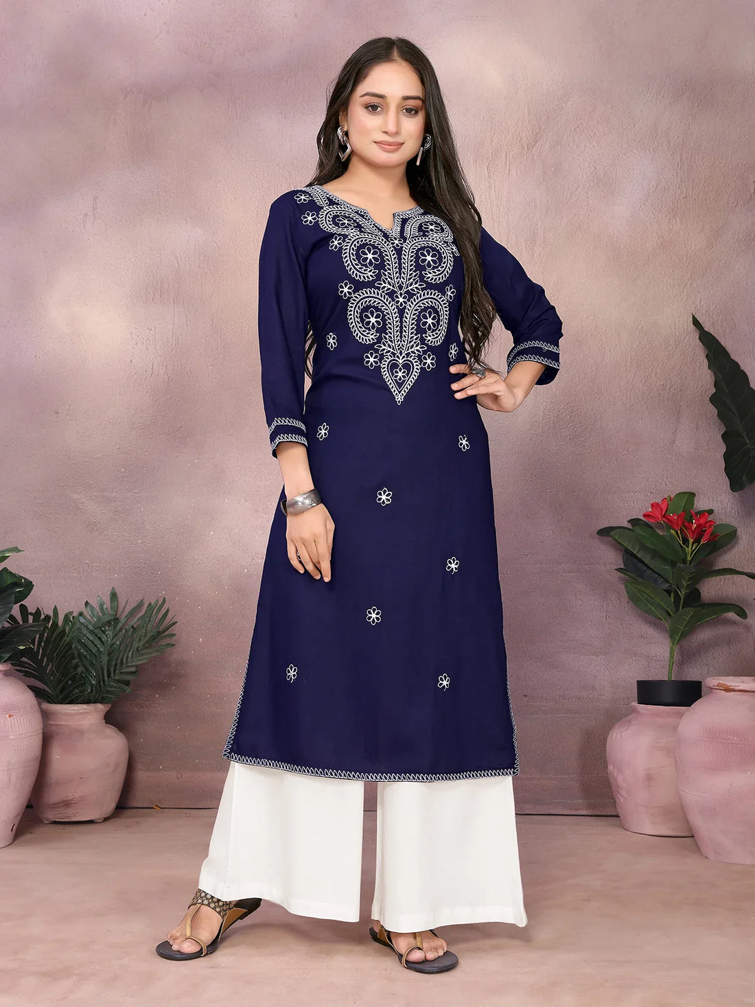 Buy Rayon Embroidered Straight Calf Length Kurta-Blue