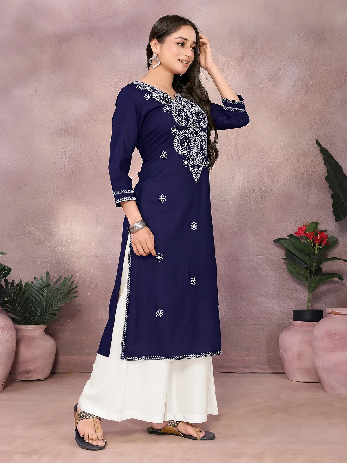 Buy Rayon Embroidered Straight Calf Length Kurta-Blue