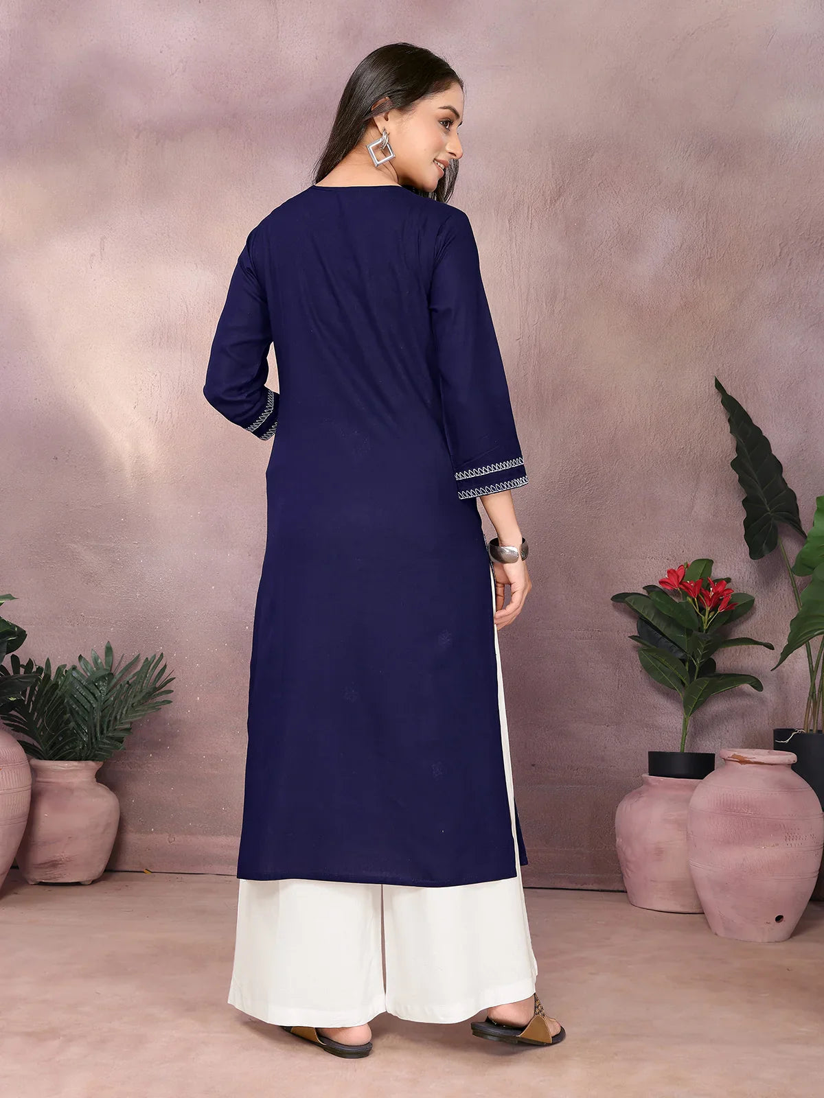 Buy Rayon Embroidered Straight Calf Length Kurta-Blue