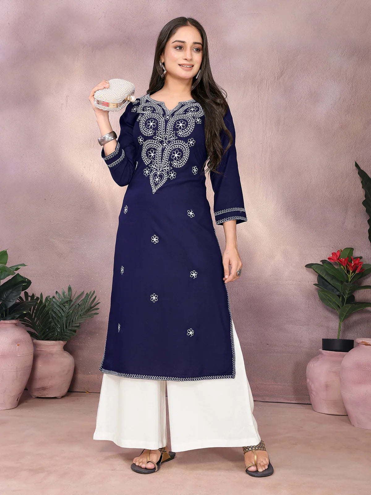 Buy Rayon Embroidered Straight Calf Length Kurta-Blue