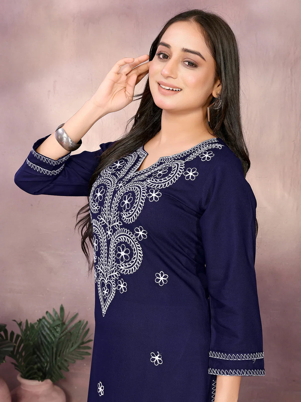 Buy Rayon Embroidered Straight Calf Length Kurta-Blue