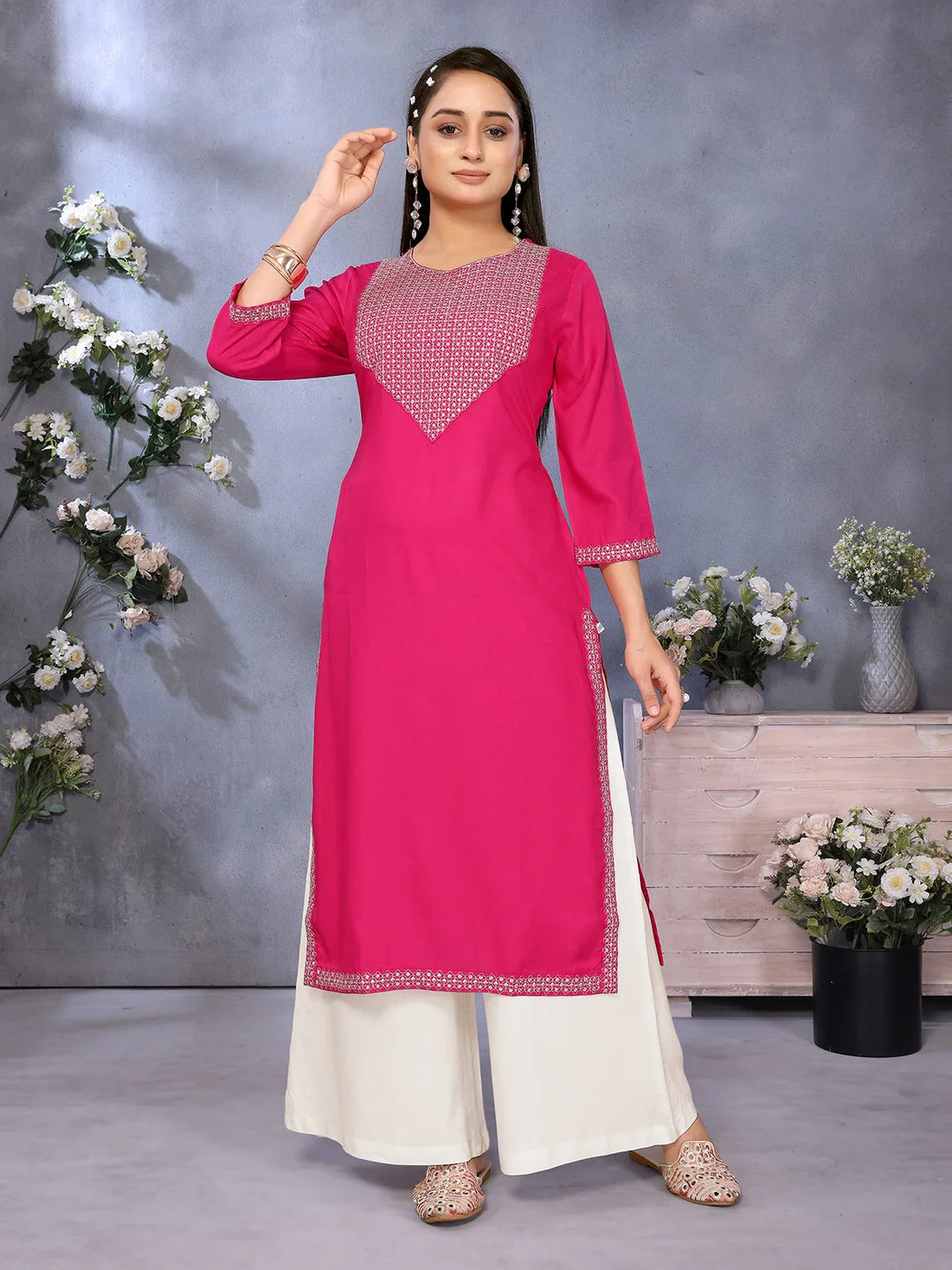 Buy Rayon Embroidered Straight Calf Length Kurta-Pink