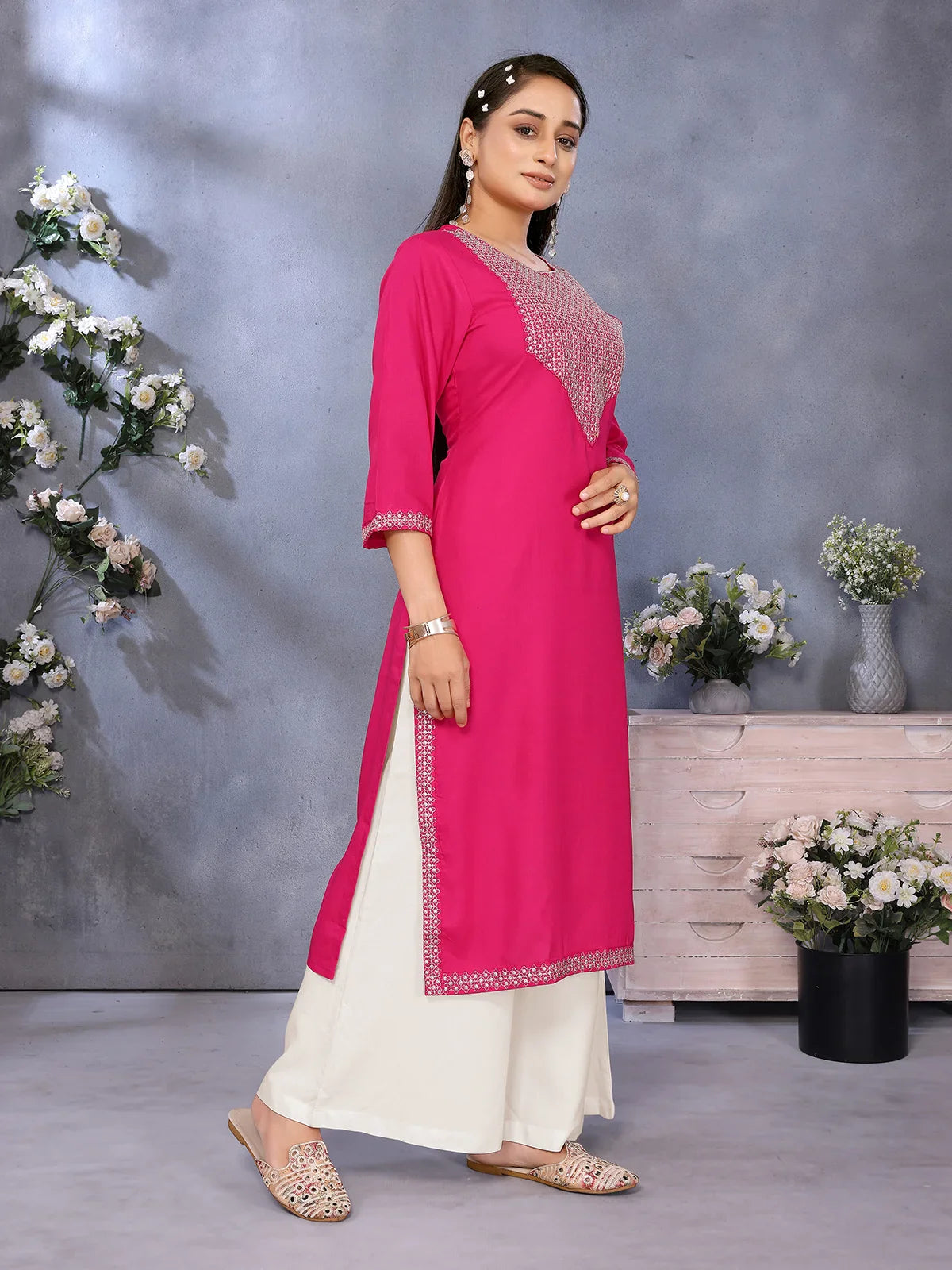 Buy Rayon Embroidered Straight Calf Length Kurta-Pink