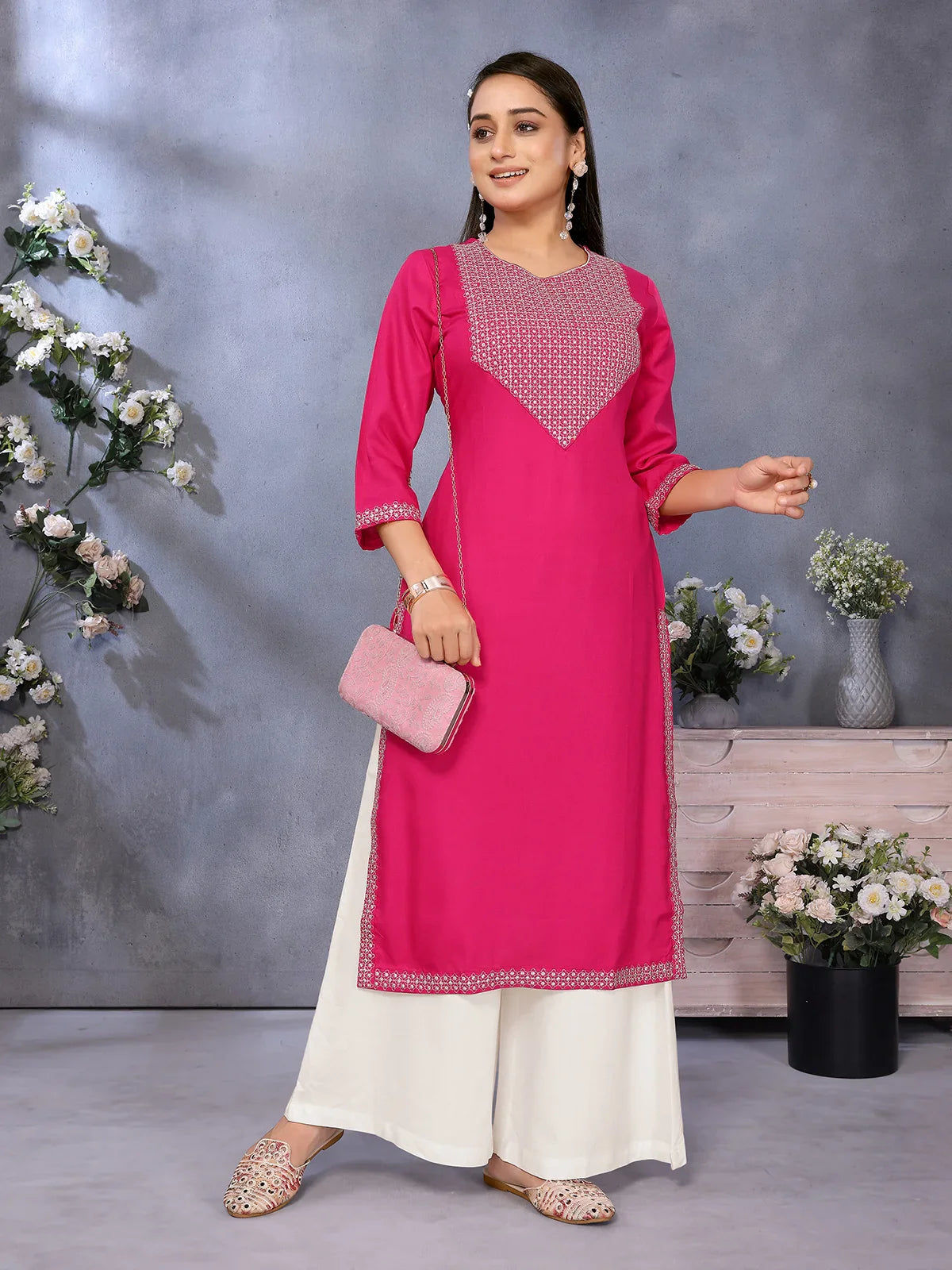 Buy Rayon Embroidered Straight Calf Length Kurta-Pink