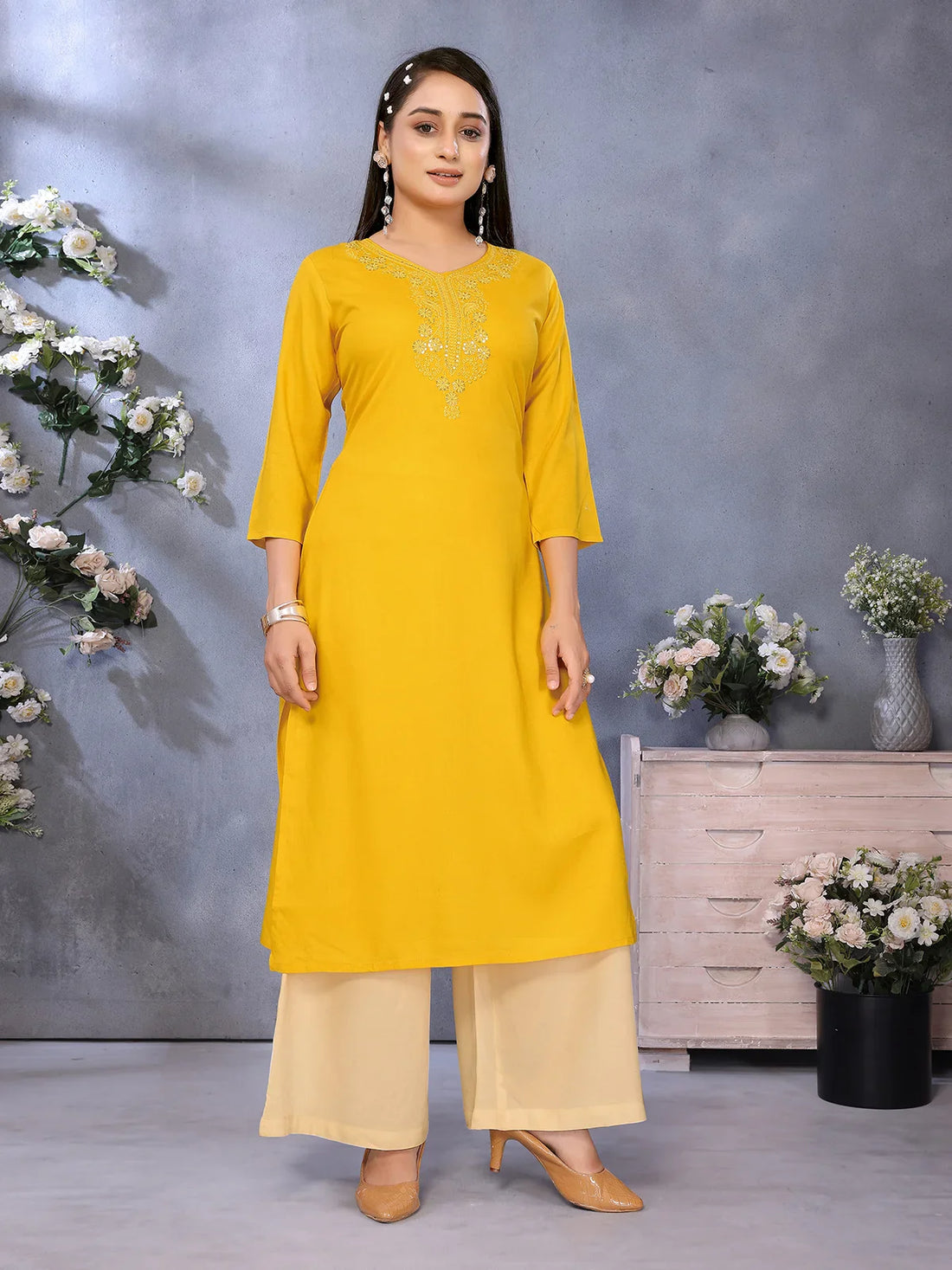 Buy Rayon Embroidered Straight Calf Length Kurta-Mustard