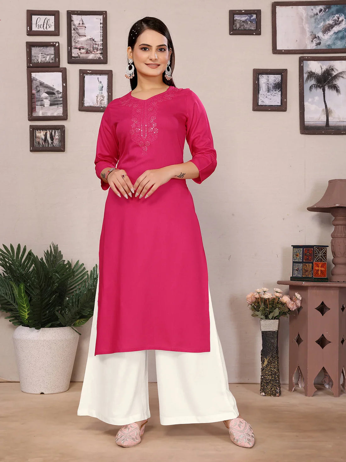 Buy Rayon Embroidered Straight Calf Length Kurta-Pink
