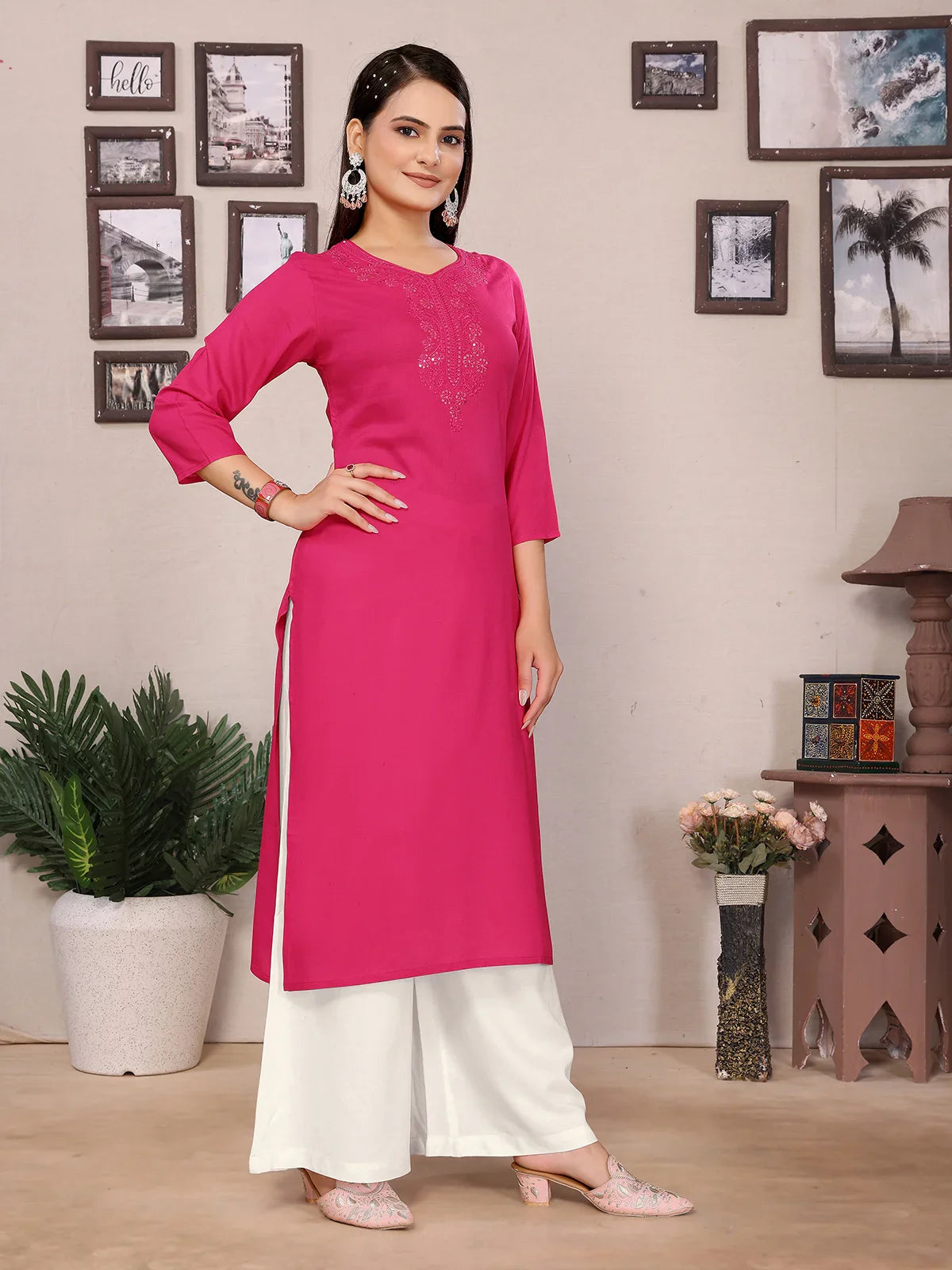 Buy Rayon Embroidered Straight Calf Length Kurta-Pink