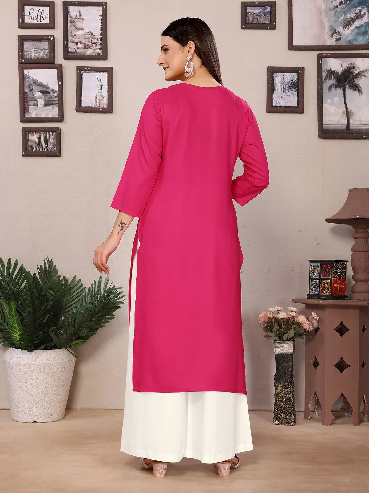 Buy Rayon Embroidered Straight Calf Length Kurta-Pink