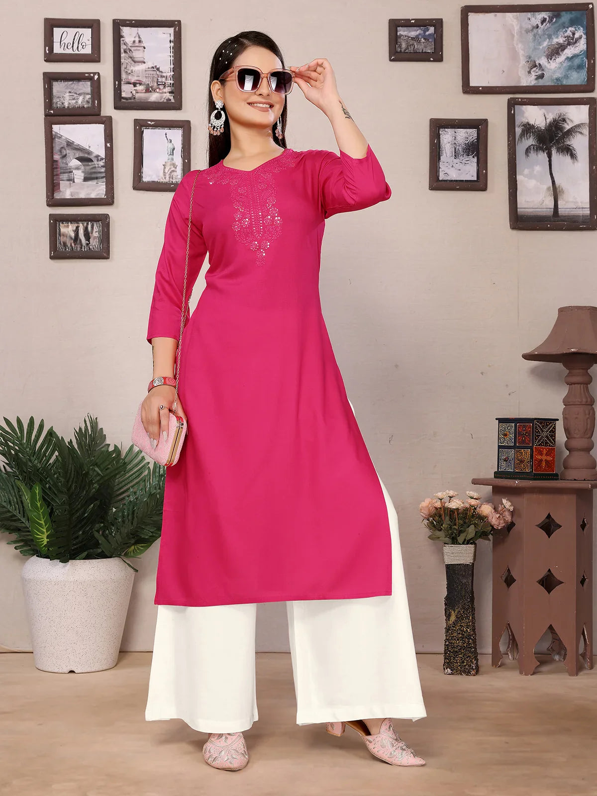 Buy Rayon Embroidered Straight Calf Length Kurta-Pink