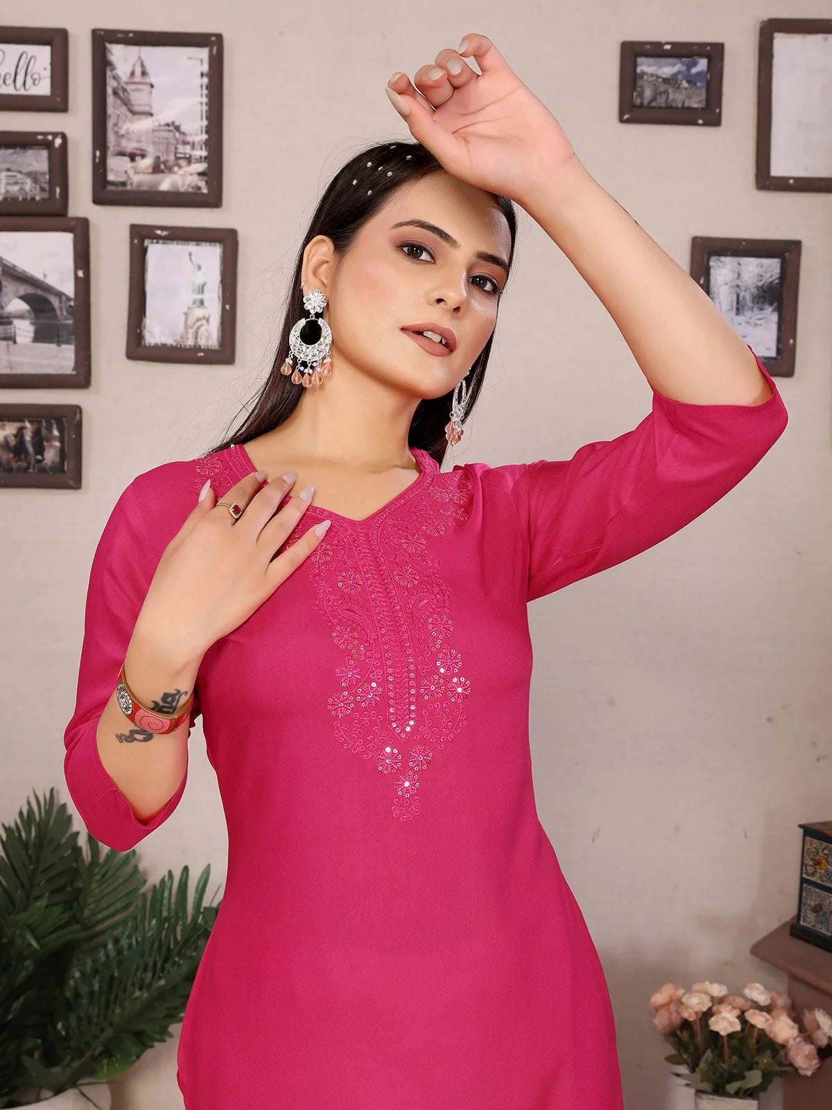 Buy Rayon Embroidered Straight Calf Length Kurta-Pink