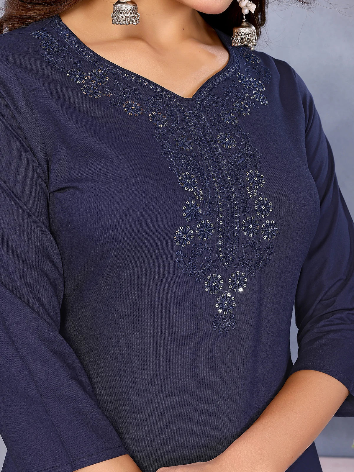 Buy Rayon Embroidered Straight Calf Length Kurta-Navy Blue