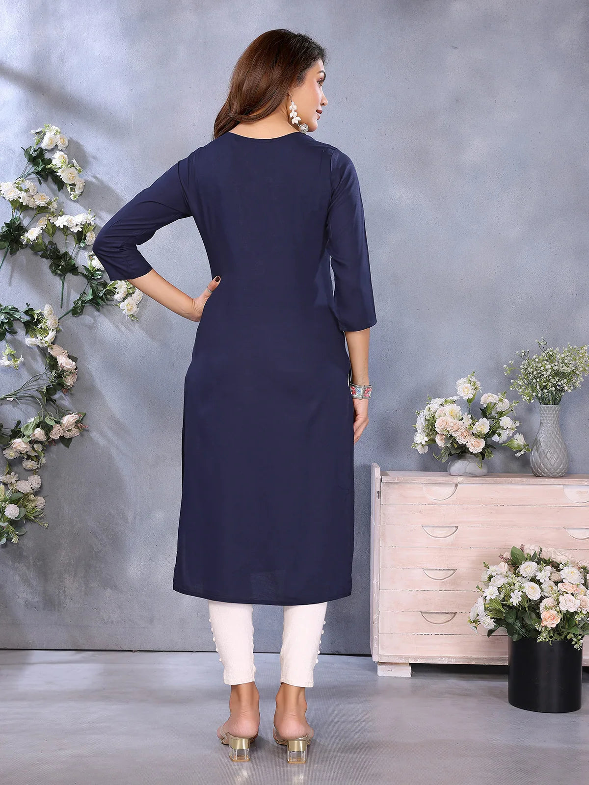 Buy Rayon Embroidered Straight Calf Length Kurta-Navy Blue