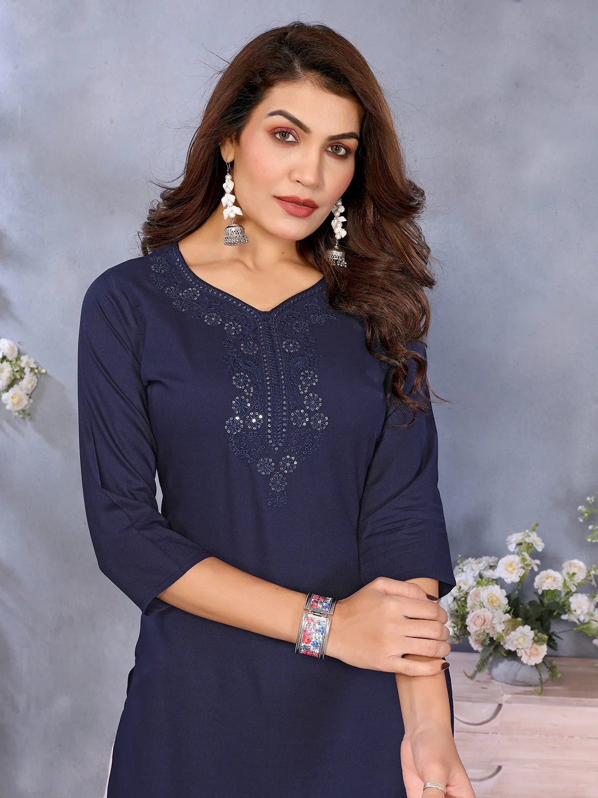 Buy Rayon Embroidered Straight Calf Length Kurta-Navy Blue