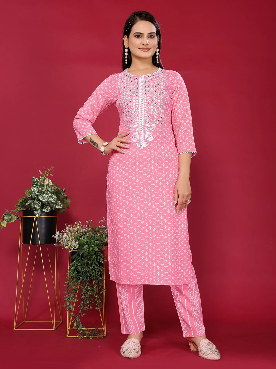 Buy Rayon Embroidered Straight Calf Length Kurta with Pant-Pink