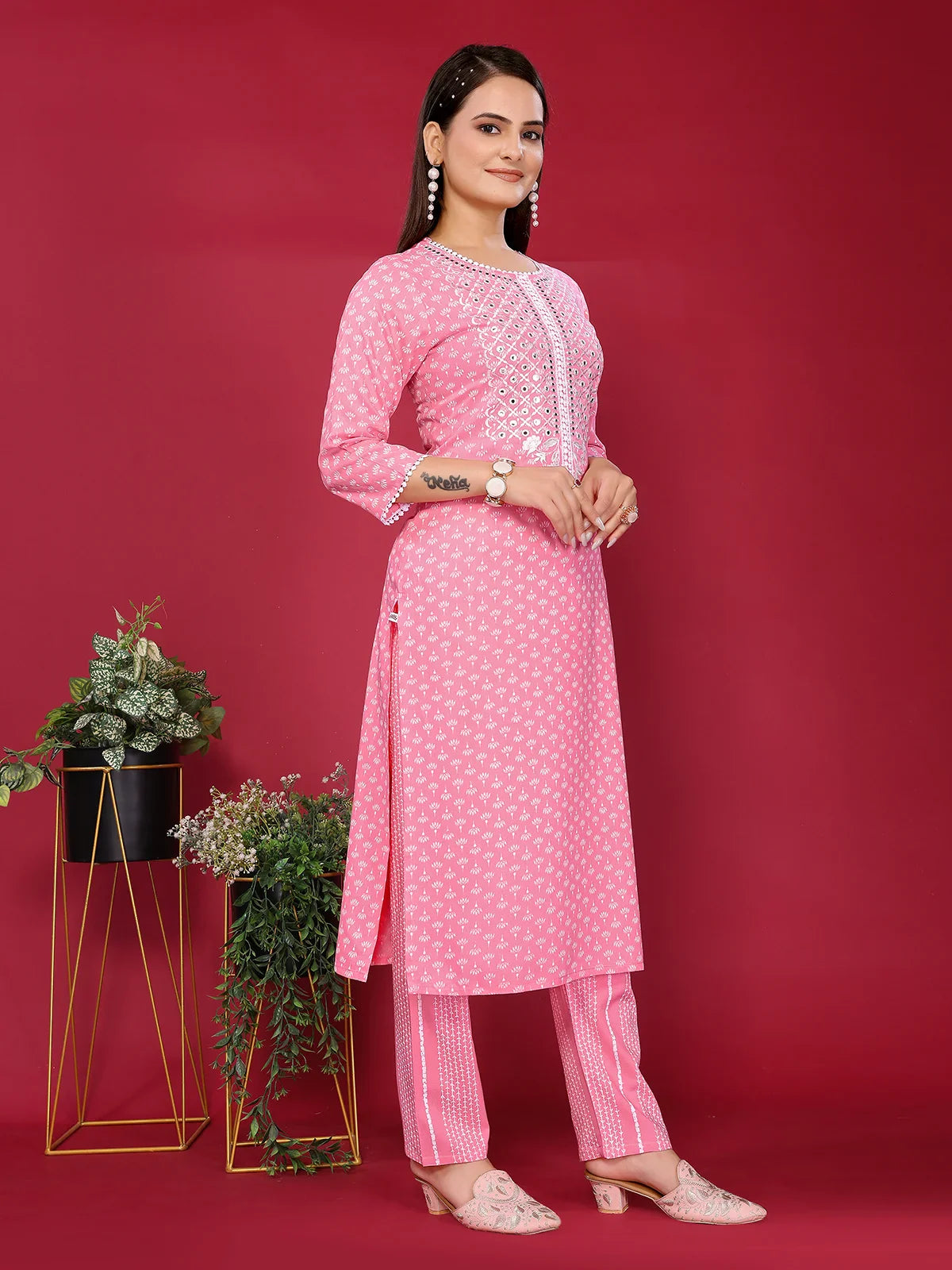 Buy Rayon Embroidered Straight Calf Length Kurta with Pant-Pink