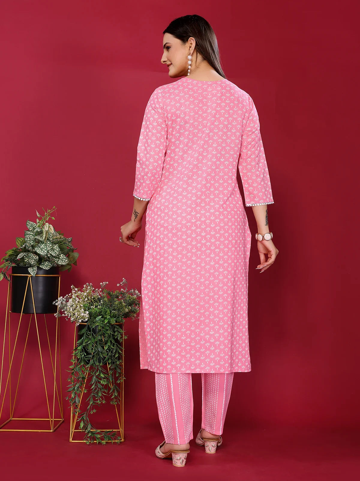 Buy Rayon Embroidered Straight Calf Length Kurta with Pant-Pink