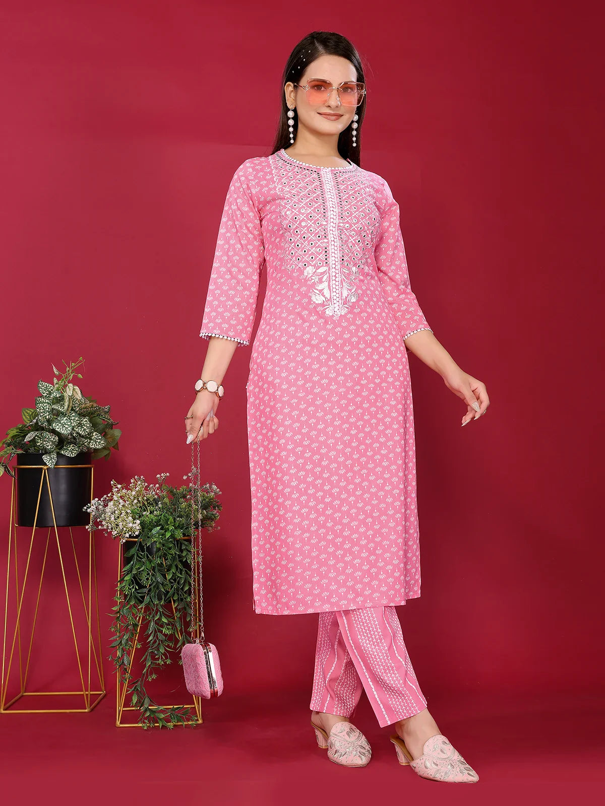 Buy Rayon Embroidered Straight Calf Length Kurta with Pant-Pink