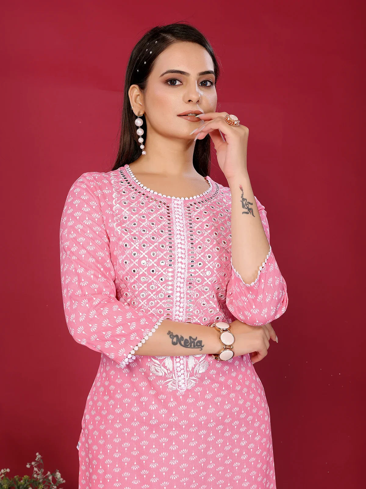 Buy Rayon Embroidered Straight Calf Length Kurta with Pant-Pink