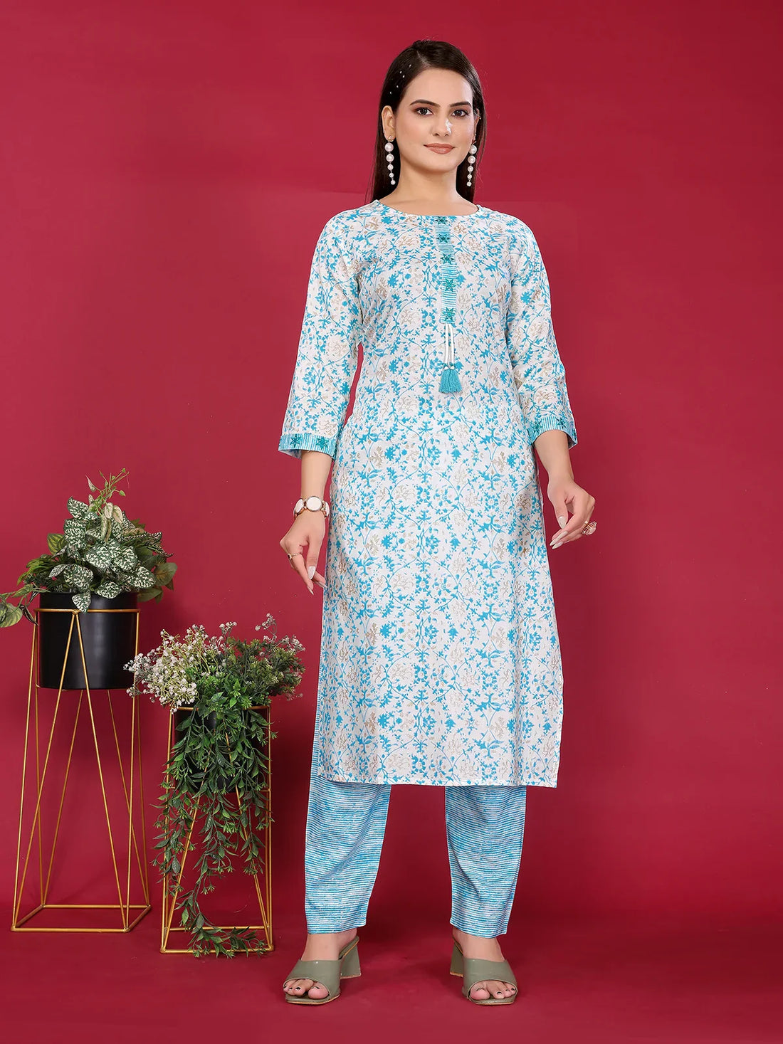 Buy Rayon Embroidered Straight Calf Length Kurta with Pant-Turquoise
