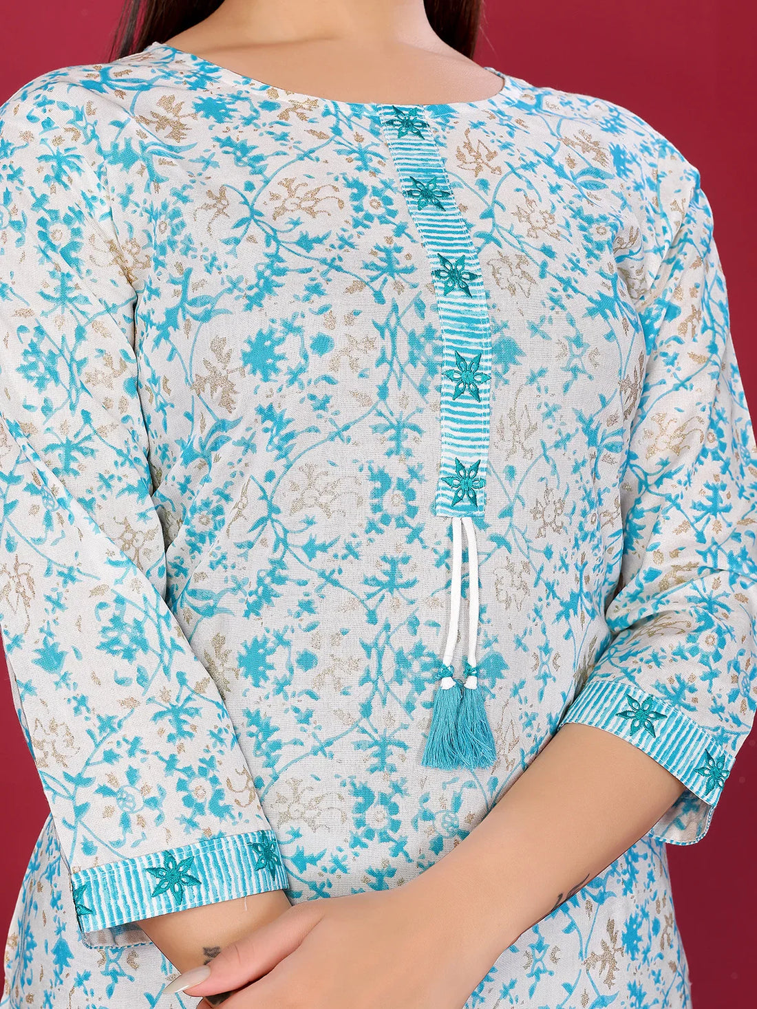 Buy Rayon Embroidered Straight Calf Length Kurta with Pant-Turquoise